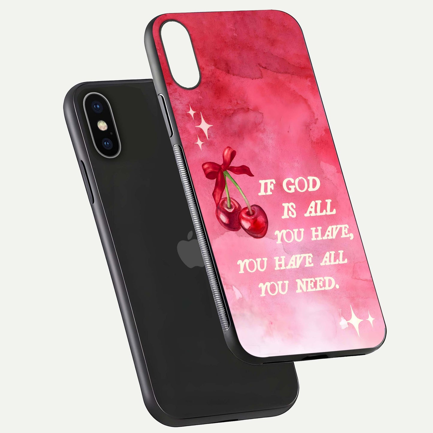 Cherry Quote Glass Case for iPhone X floating mockup capturing shine texture and clear typography