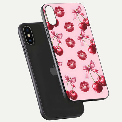 Cherry With Lips Glass Case for iPhone X floating mockup showing HD gloss and pop-art inspired tones