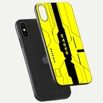 Circuit CYBERPUNK Custom Name Glass Case for iPhone X floating mockup capturing glow effects and polished shine