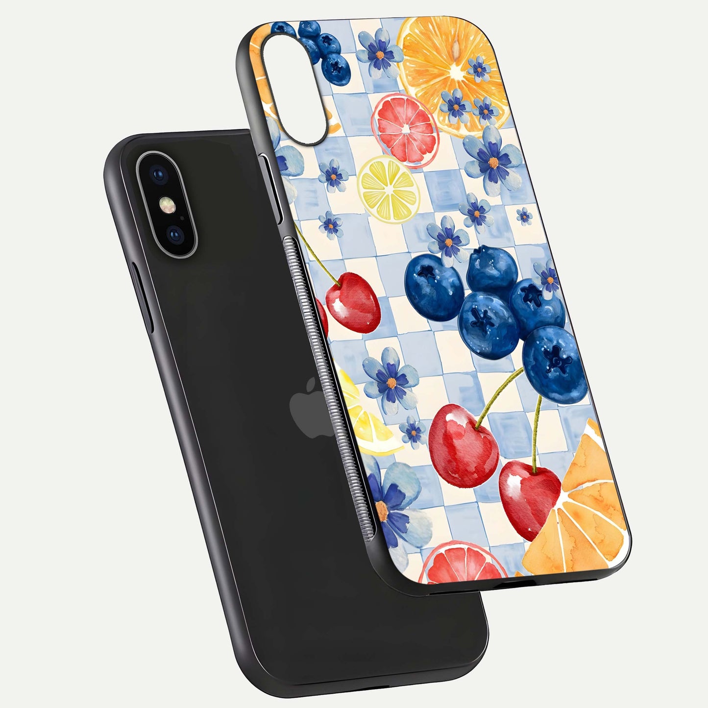 Citrus Bloom Joy Glass Case for iPhone X floating mockup showing HD gloss and lively tone