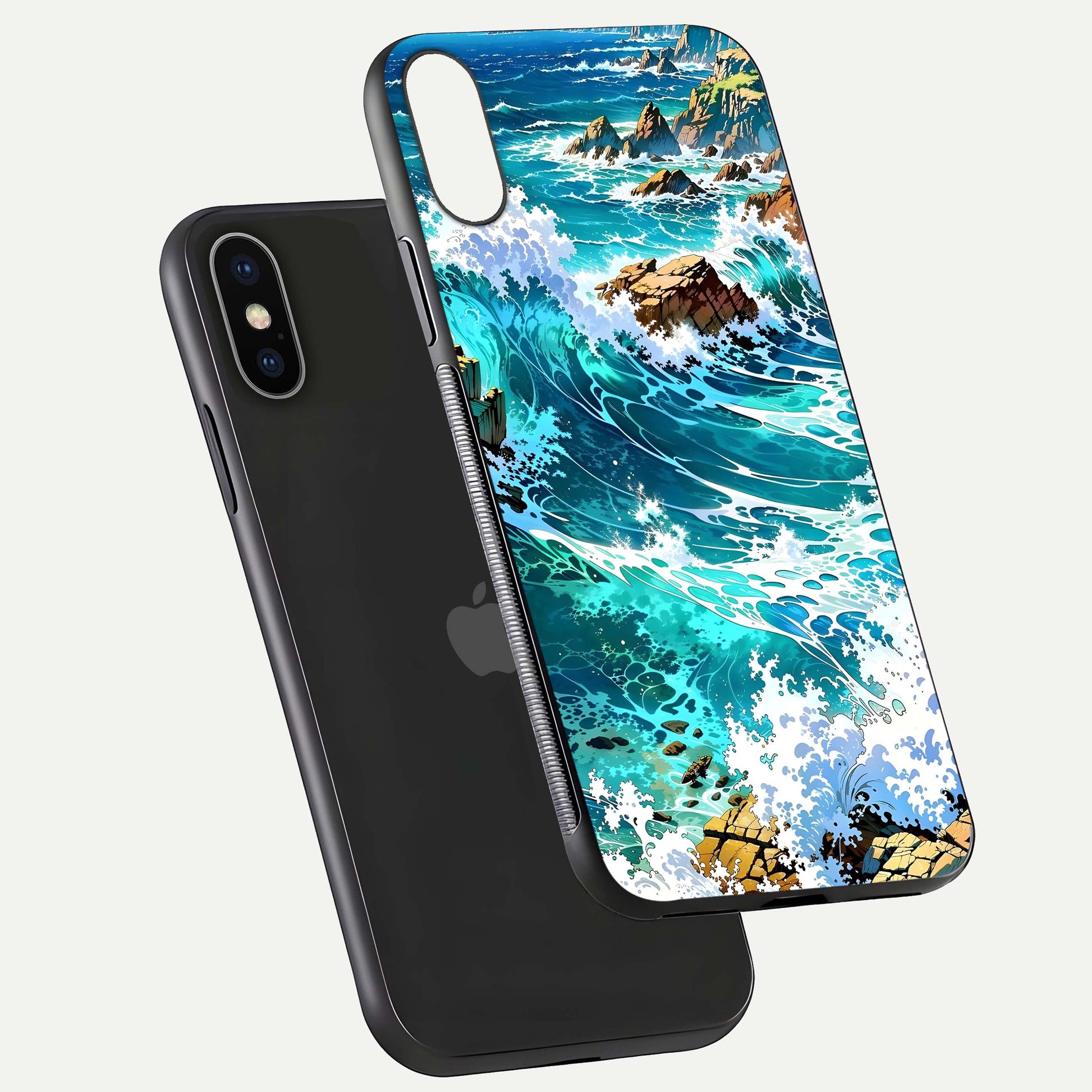 Coastal Blue Waves Glass Case for iPhone X floating mockup showing HD reflection and wave details