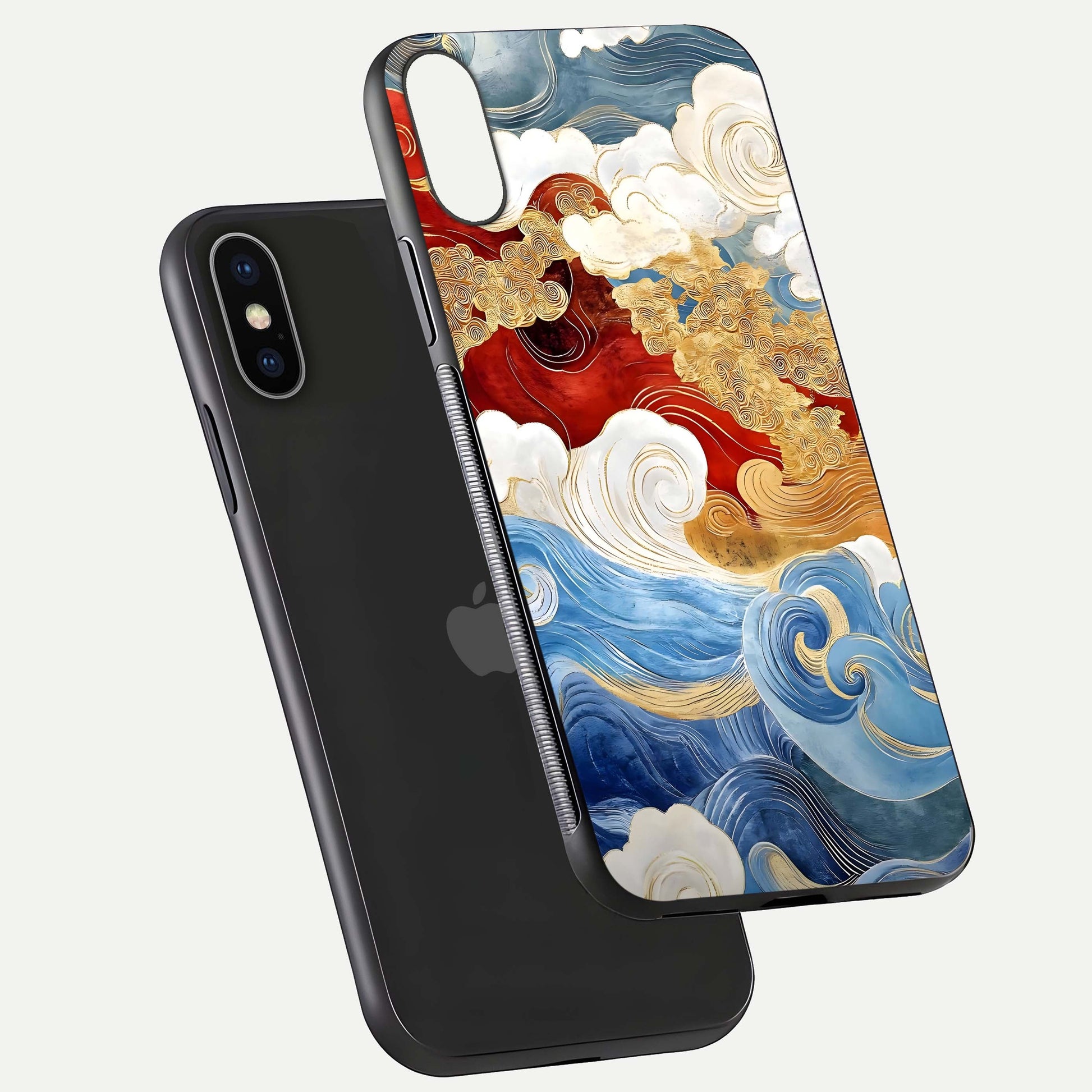 Colored Waves Glass Case for iPhone X floating dual-view mockup displaying gloss finish and color contrast