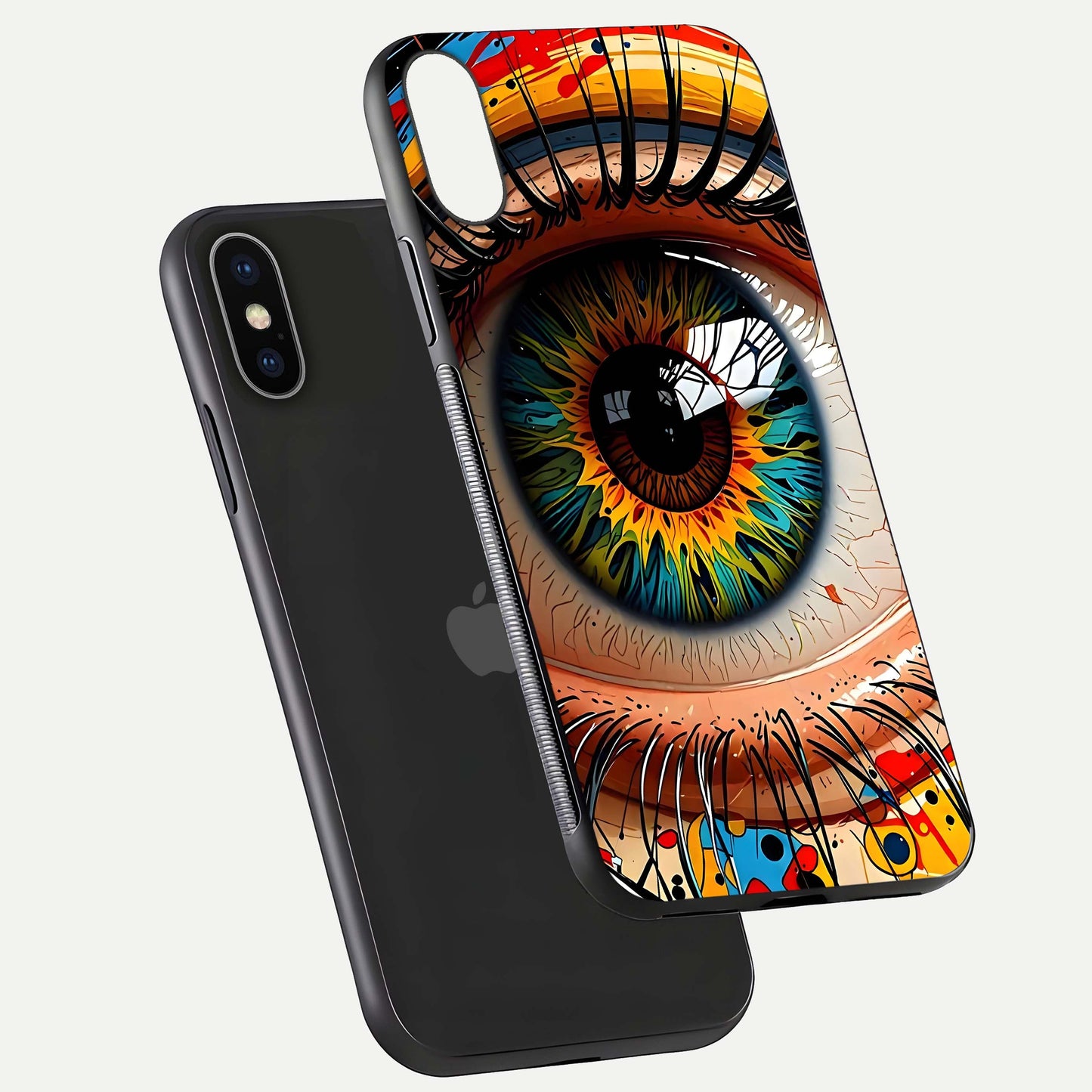 Colorful Eye Glass Case for iPhone X floating mockup showing bright contrast and gloss clarity