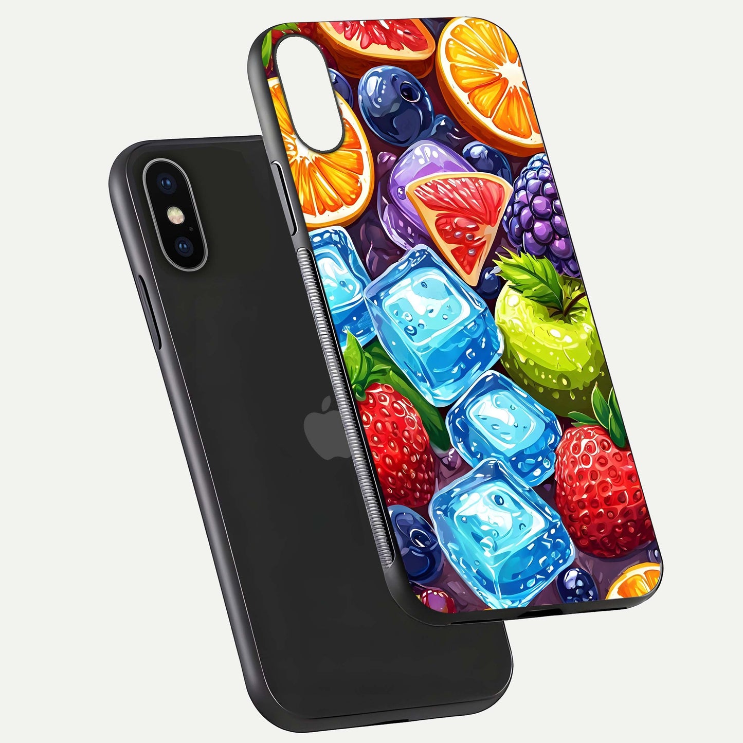 Colorful Fruits with Ice Glass Case for iPhone X floating mockup showing bright shine and crystal clarity