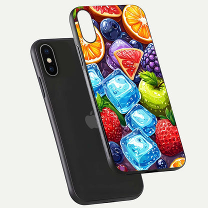 Colorful Fruits with Ice Glass Case for iPhone X floating mockup showing bright shine and crystal clarity