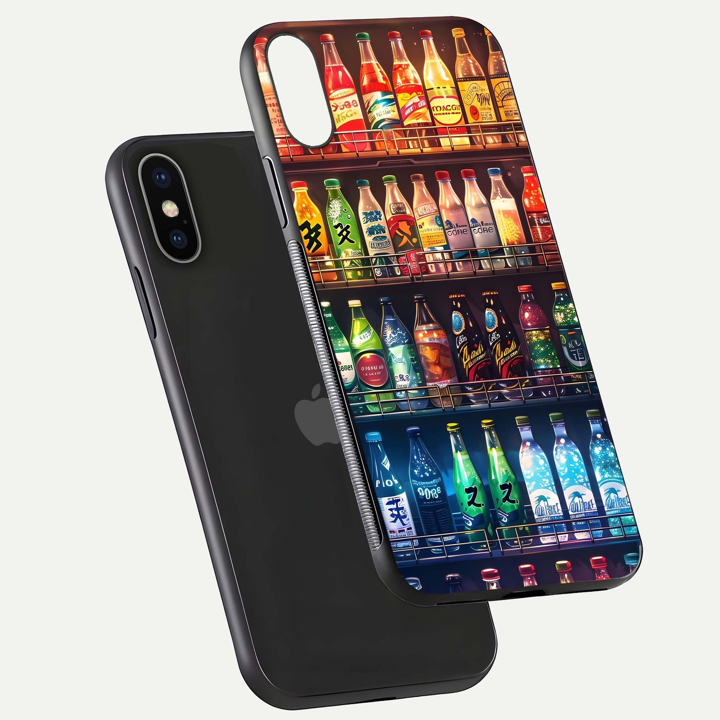 Colorful Soda Bottles Glass Case for iPhone X floating mockup showing light reflection and bright gloss