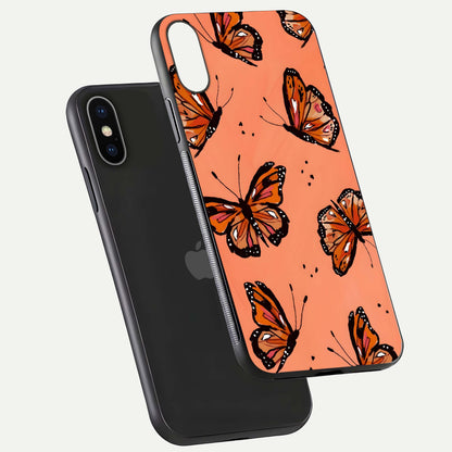 Coral Wing Butterfly Glass Case for iPhone X floating mockup showing HD gloss texture and vivid coral color
