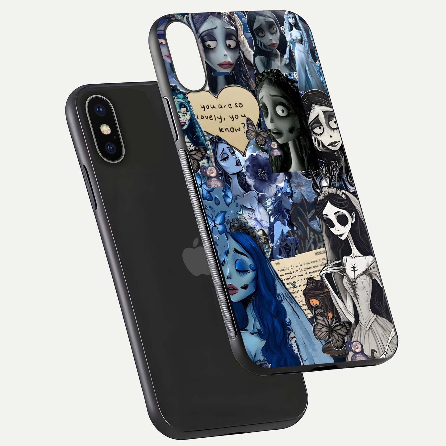Corpse Bride Posters Glass Case for iPhone X floating mockup showing shine texture and clear design