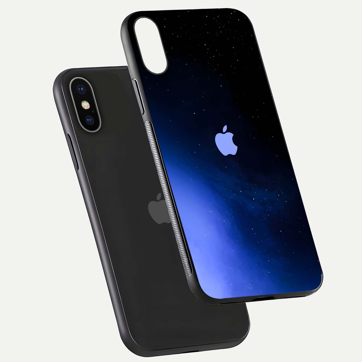 Cosmic Blue Apple Glass Case for iPhone X floating mockup showing HD gloss and deep space gradient