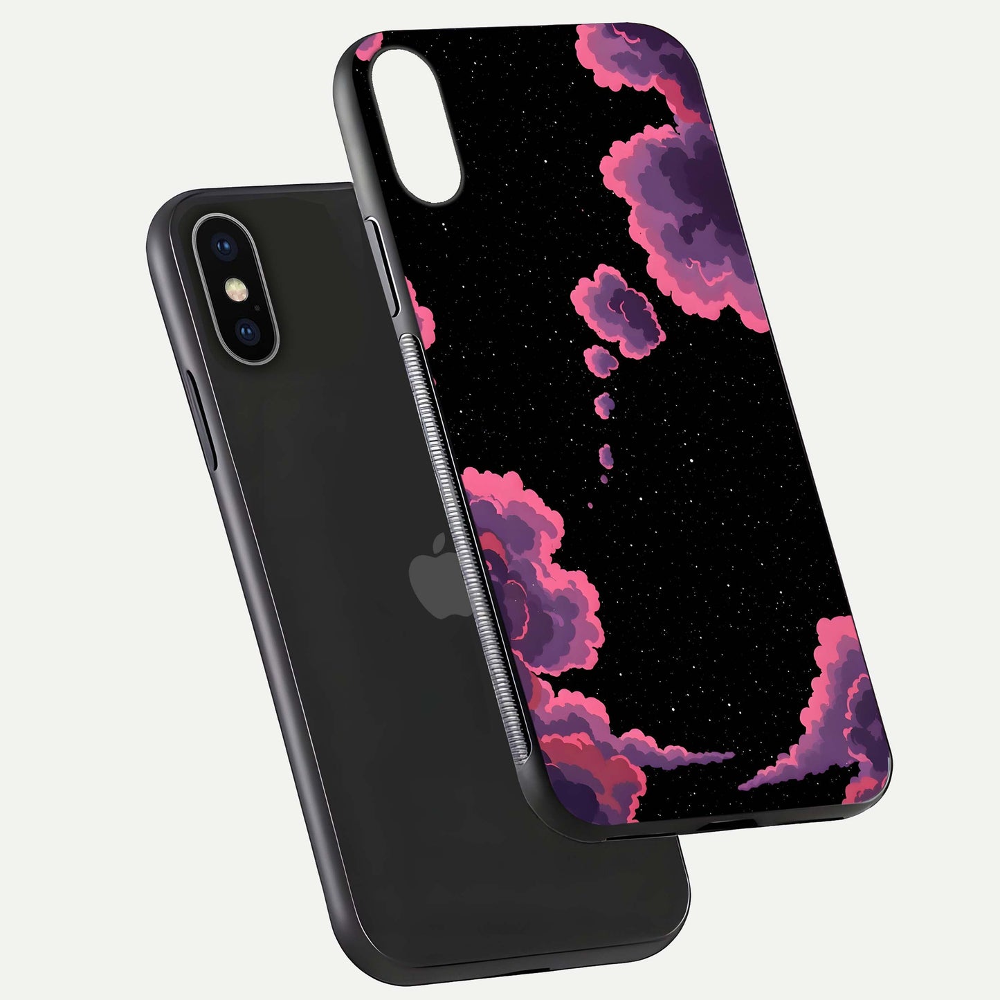 Cosmic Cloud Journey Glass Case for iPhone X floating mockup showing HD gloss and cosmic gradient