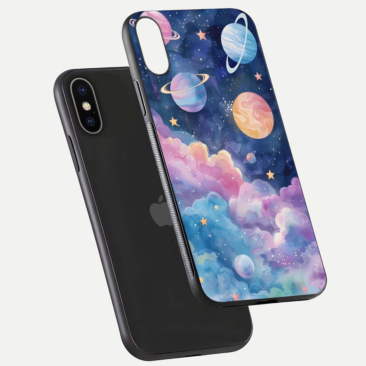 Cosmic Planet Dreams Glass Case for iPhone X floating mockup showing HD gloss and cosmic reflection