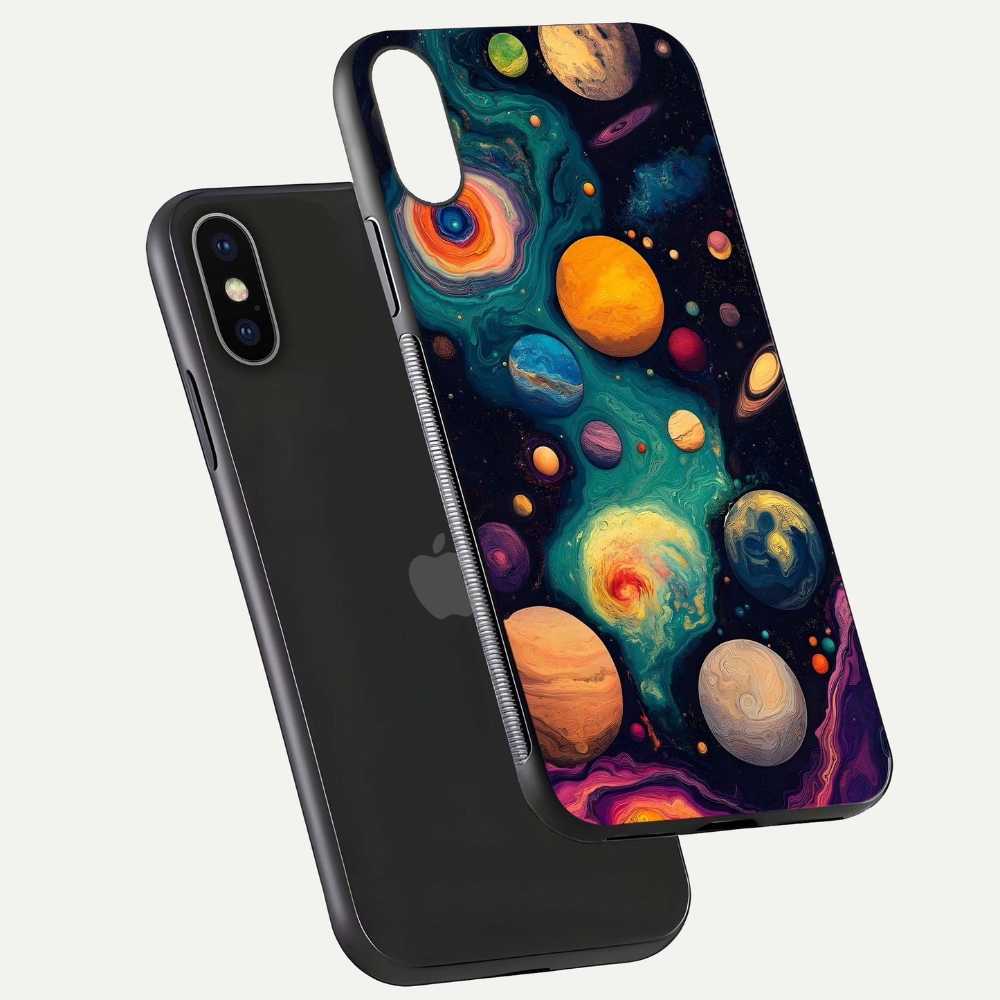 Cosmic Planet Journey Glass Case for iPhone X floating mockup showing gloss gradient and deep shine