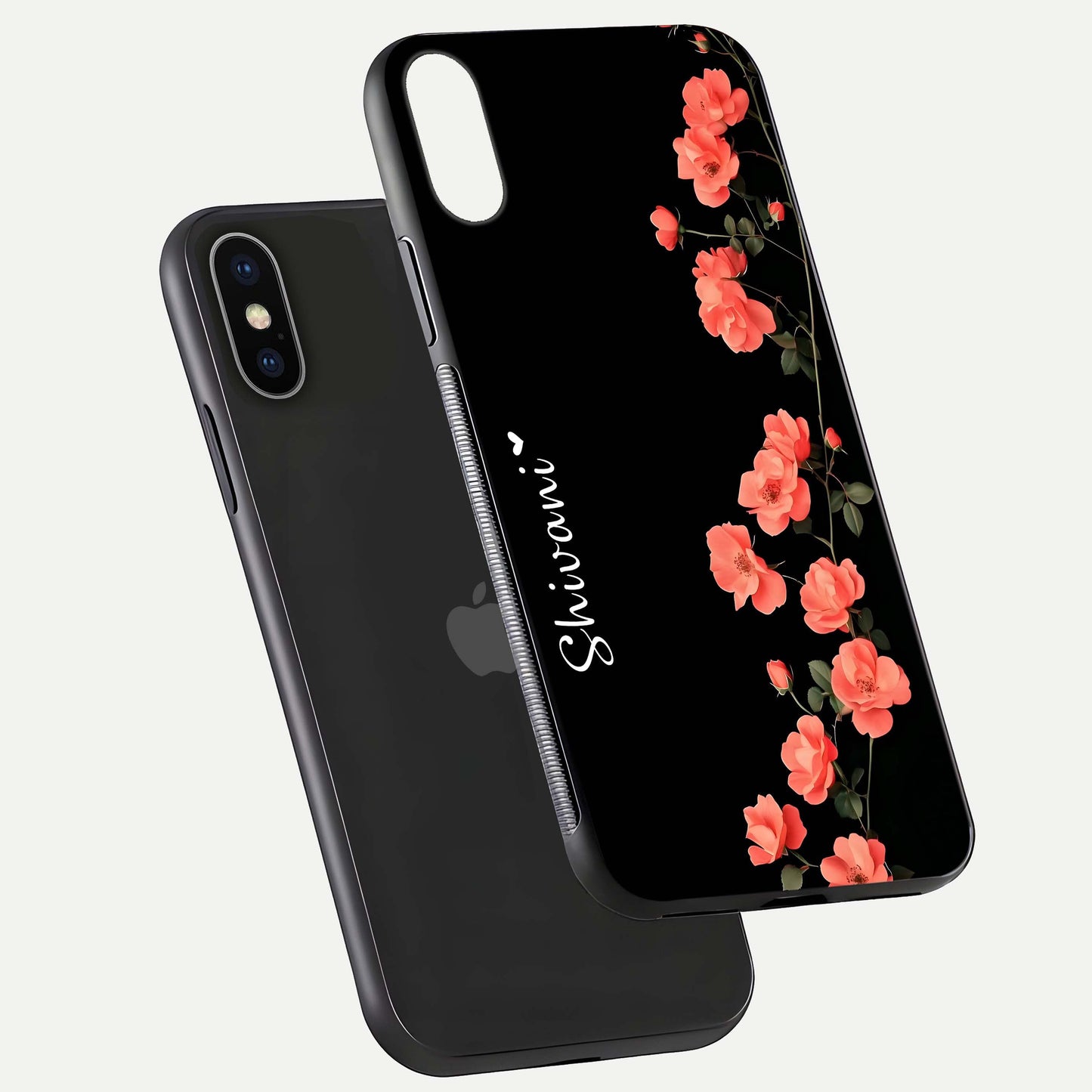 Crimson Bloom Grace Custom Name Glass Case for iPhone X floating mockup showing HD gloss and floral tones