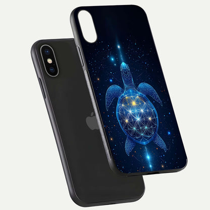 Crimson Blue Turtle Glass Case for iPhone X floating mockup showing reflection polish and deep hues