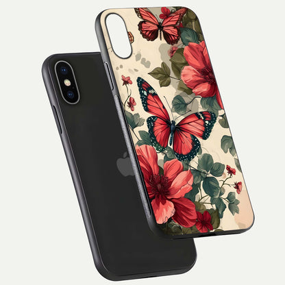 Crimson Butterfly Garden Glass Case for iPhone X floating mockup showing HD gloss and vivid art