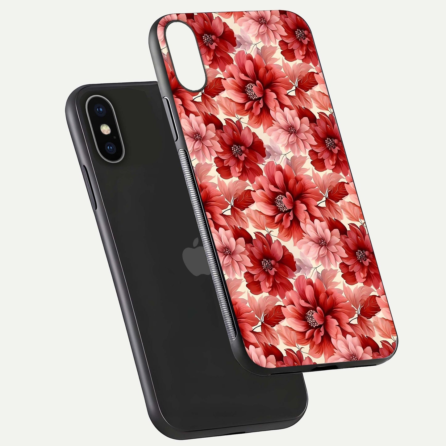 Crimson Love Petals Glass Case for iPhone X floating mockup showing HD gloss and vivid detail