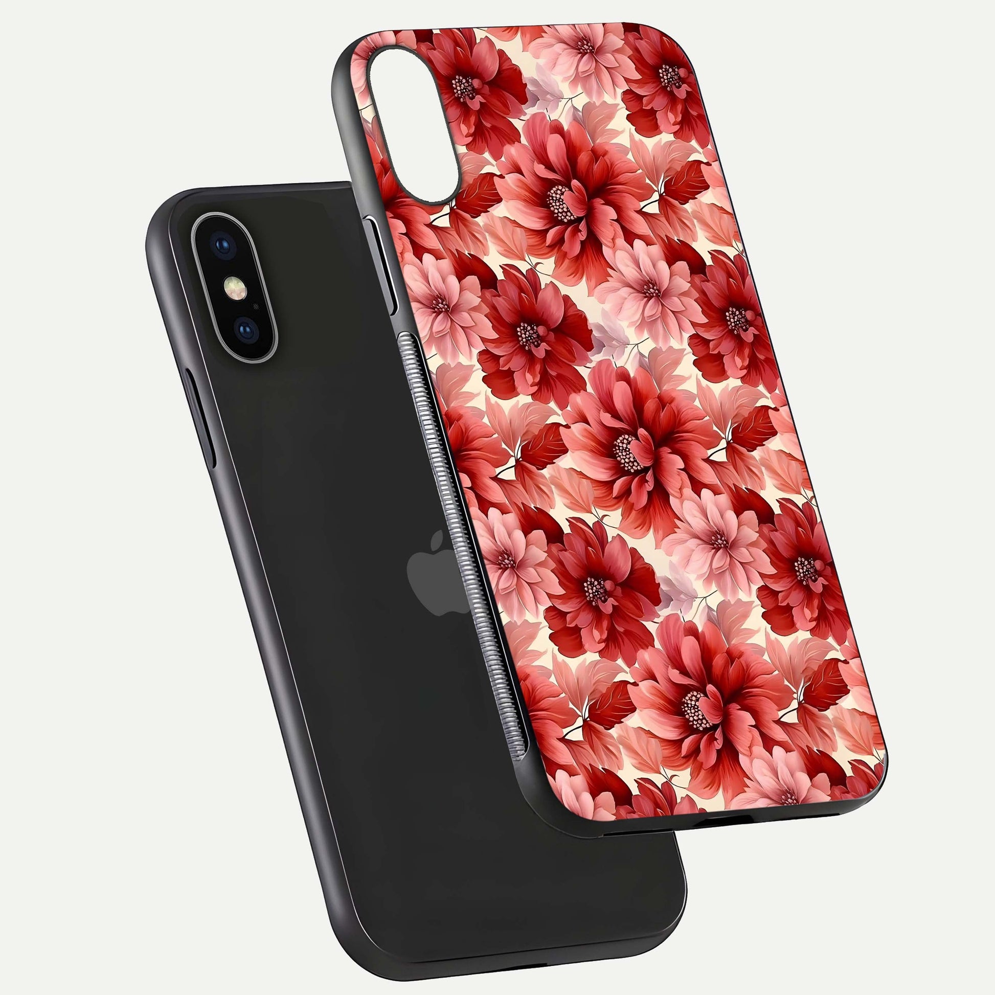 Crimson Love Petals Glass Case for iPhone X floating mockup showing HD gloss and vivid detail