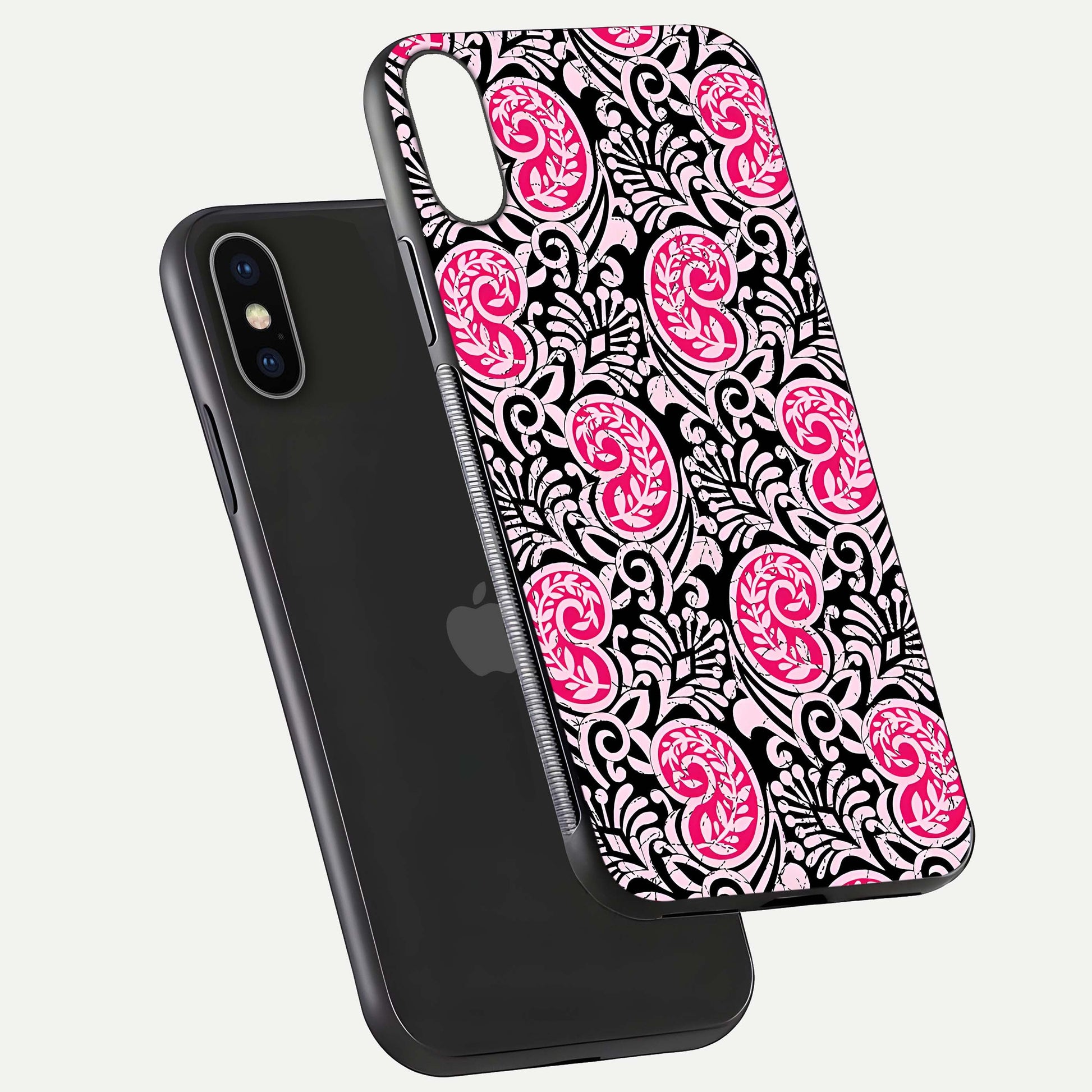 Crimson Paisley Charm Glass Case for iPhone X floating mockup showing gloss shine and texture clarity