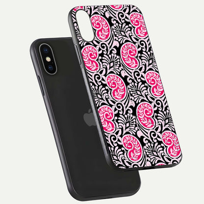 Crimson Paisley Charm Glass Case for iPhone X floating mockup showing gloss shine and texture clarity