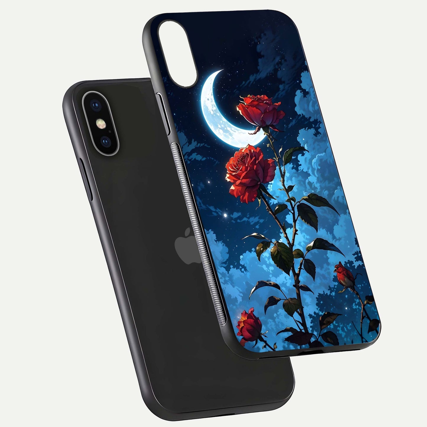 Crimson Rose Moon Glass Case for iPhone X floating mockup showing HD shine and elegant contrast