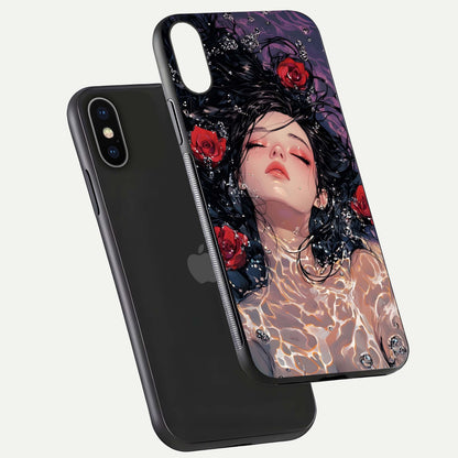 Crimson Rose Serenity Glass Case for iPhone X floating mockup showing HD gloss and floral texture