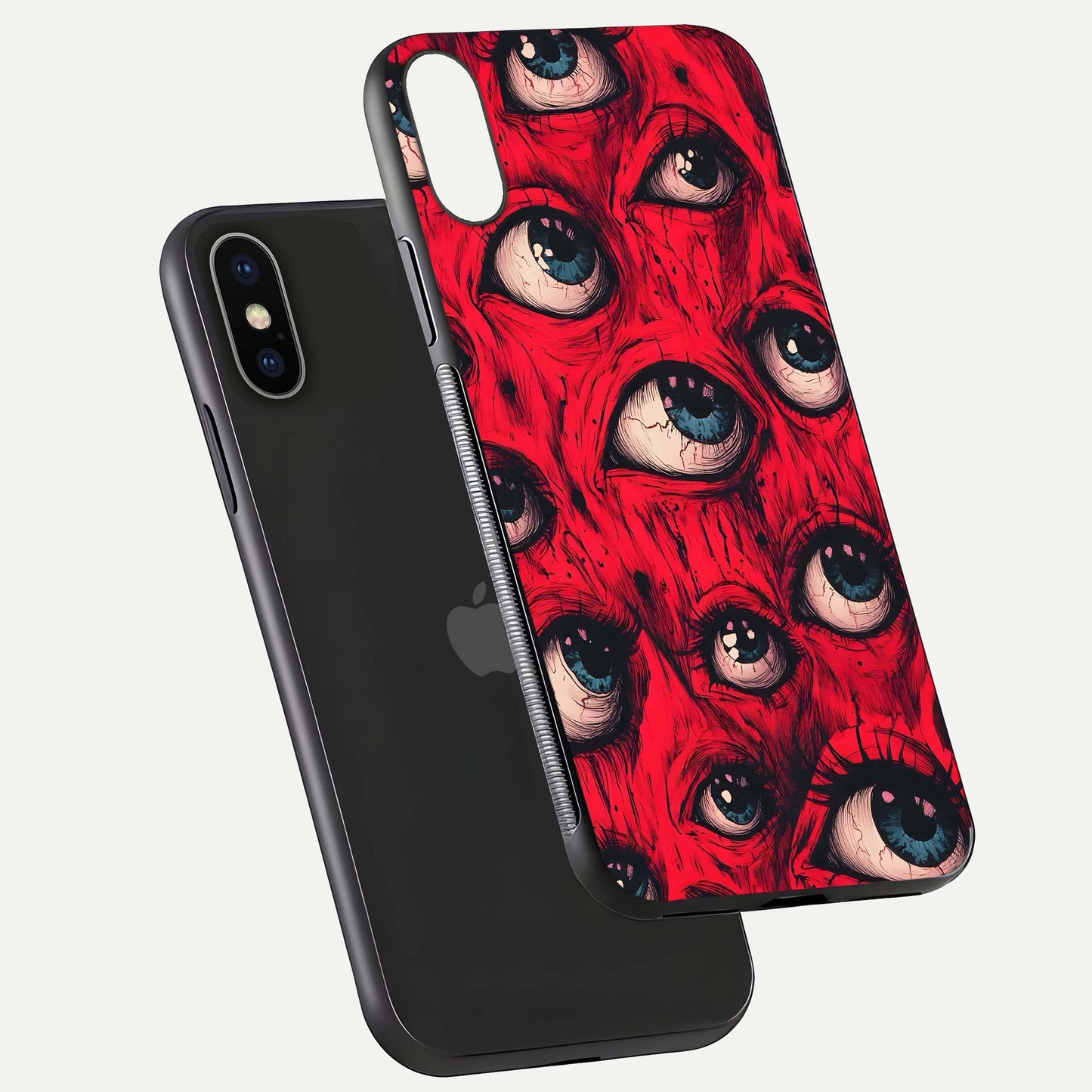 Crimson Watch Eyes Glass Case for iPhone X floating mockup showing HD polish and bright gloss