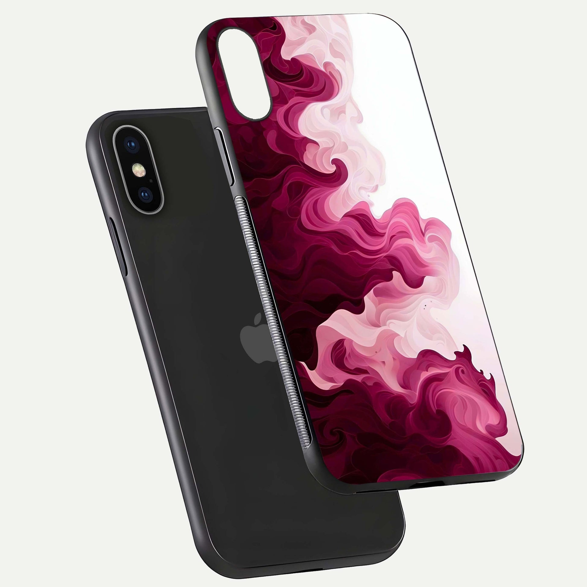 Crimson Wave Flow Glass Case for iPhone X floating mockup showing gloss shine and smooth edge