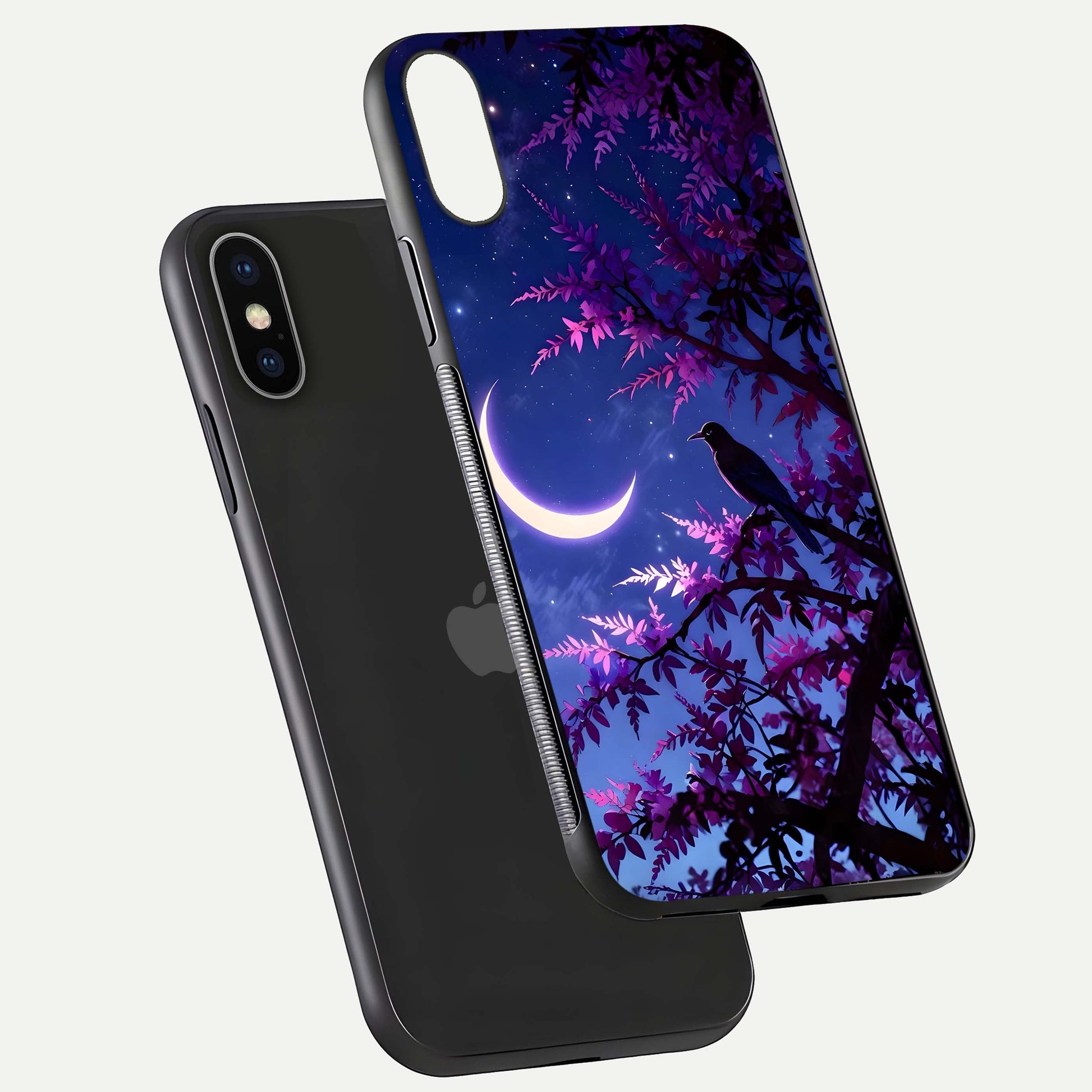 Crow & Moon Scenery Glass Case for iPhone X floating mockup showing HD gloss texture and soft moonlight glow
