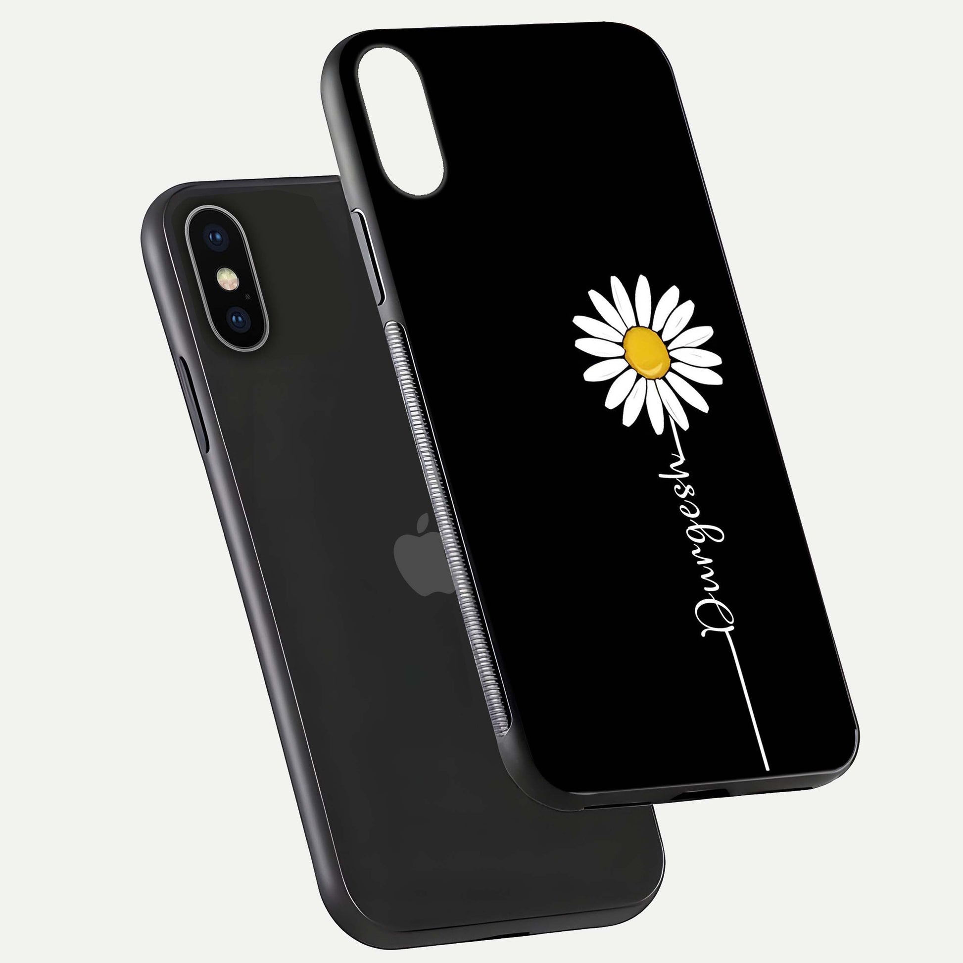 Custom Name White Flower Glass Case for iPhone X floating mockup displaying HD gloss and delicate texture