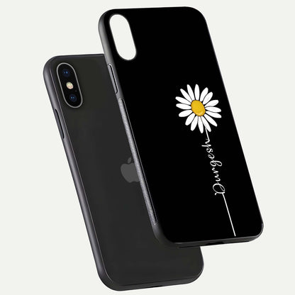 Custom Name White Flower Glass Case for iPhone X floating mockup displaying HD gloss and delicate texture