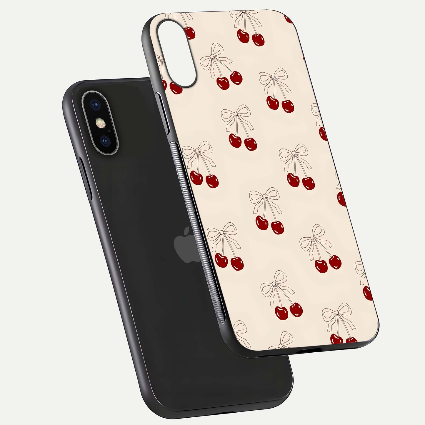Cute Cherry Pattern Glass Case for iPhone X floating mockup showing HD gloss shine and clear tones