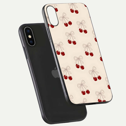 Cute Cherry Pattern Glass Case for iPhone X floating mockup showing HD gloss shine and clear tones