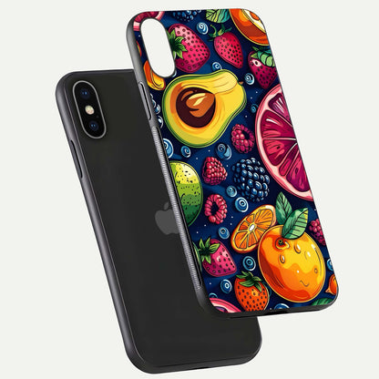 Cute Fruits Art Glass Case for iPhone X floating mockup showing gloss brightness and vivid artwork