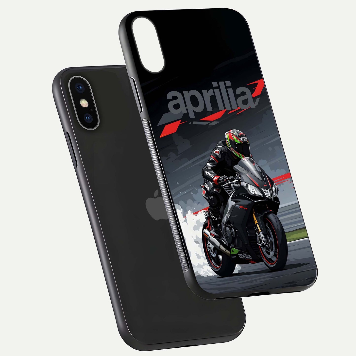 Dark Aprilla Glass Case for iPhone X floating mockup showing glossy contrast and texture clarity