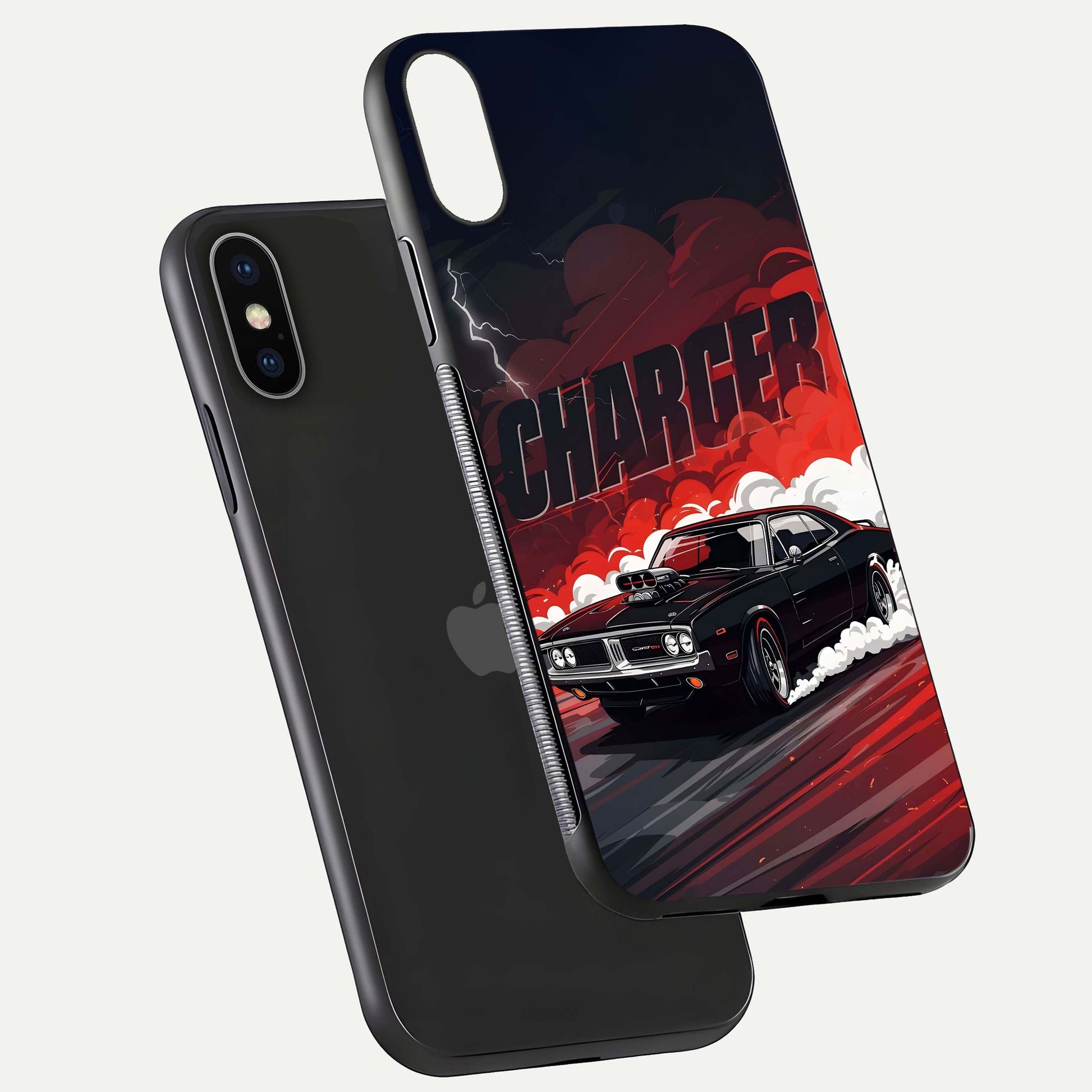 Dark Charger Fury Glass Case for iPhone X floating mockup showing reflection depth and shiny surface