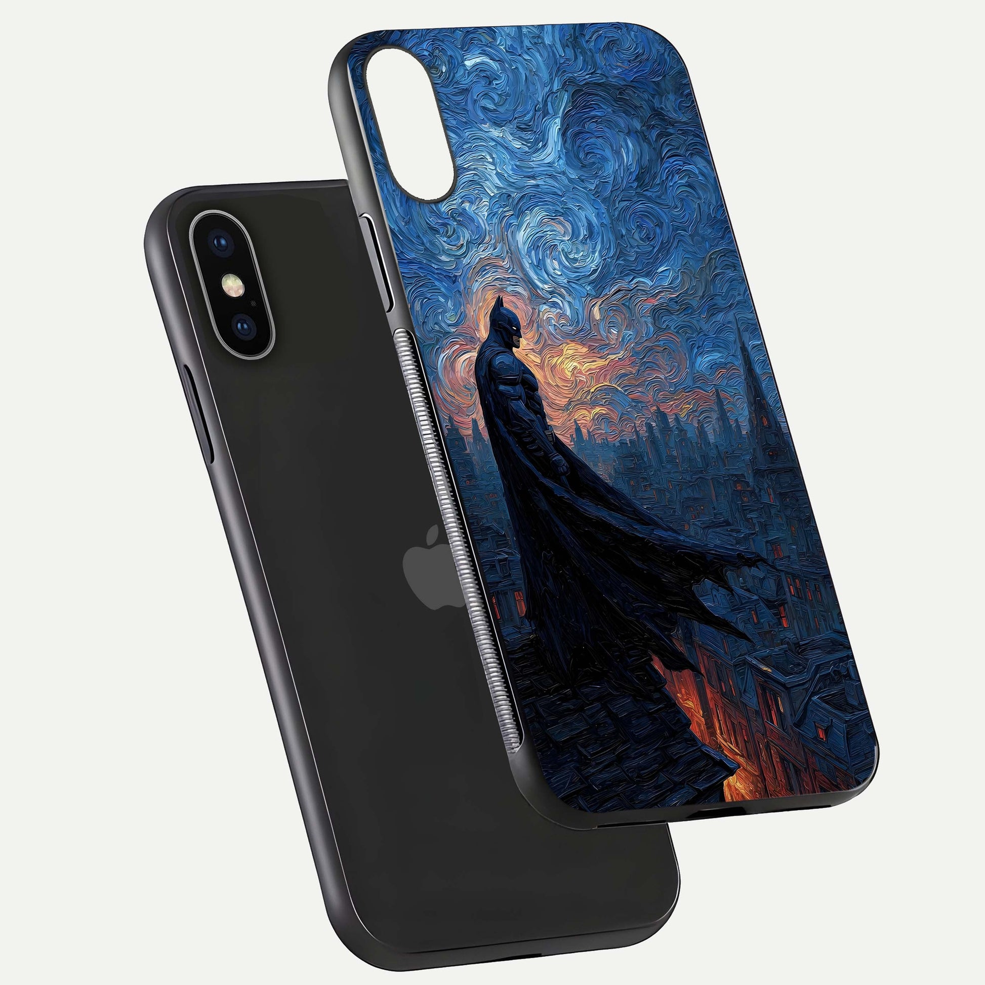 Dark Knight Dusk Glass Case for iPhone X floating mockup showing glossy depth and cinematic lighting