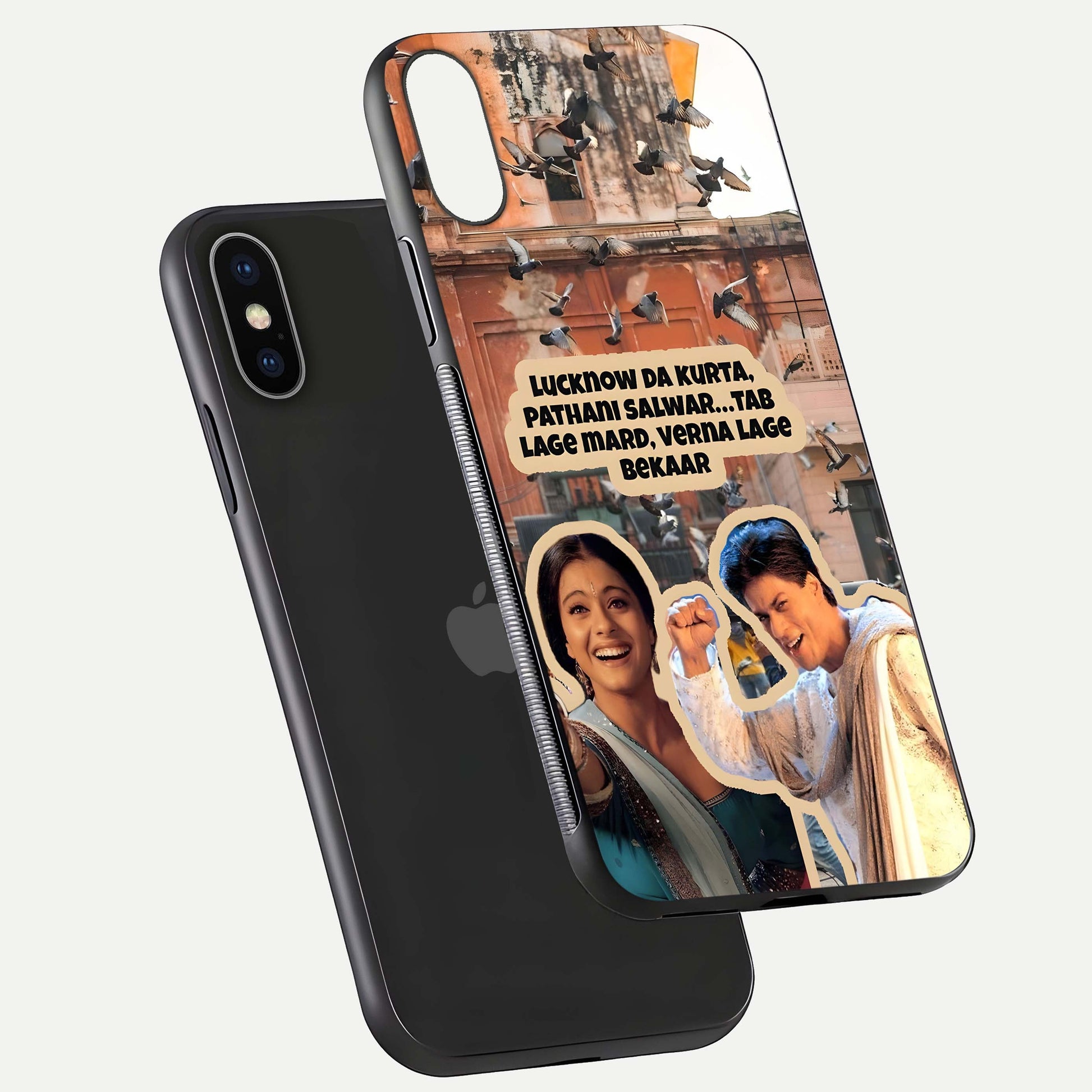 Desi Retro Vibes Glass Case for iPhone X floating mockup showing shine polish and vivid tones