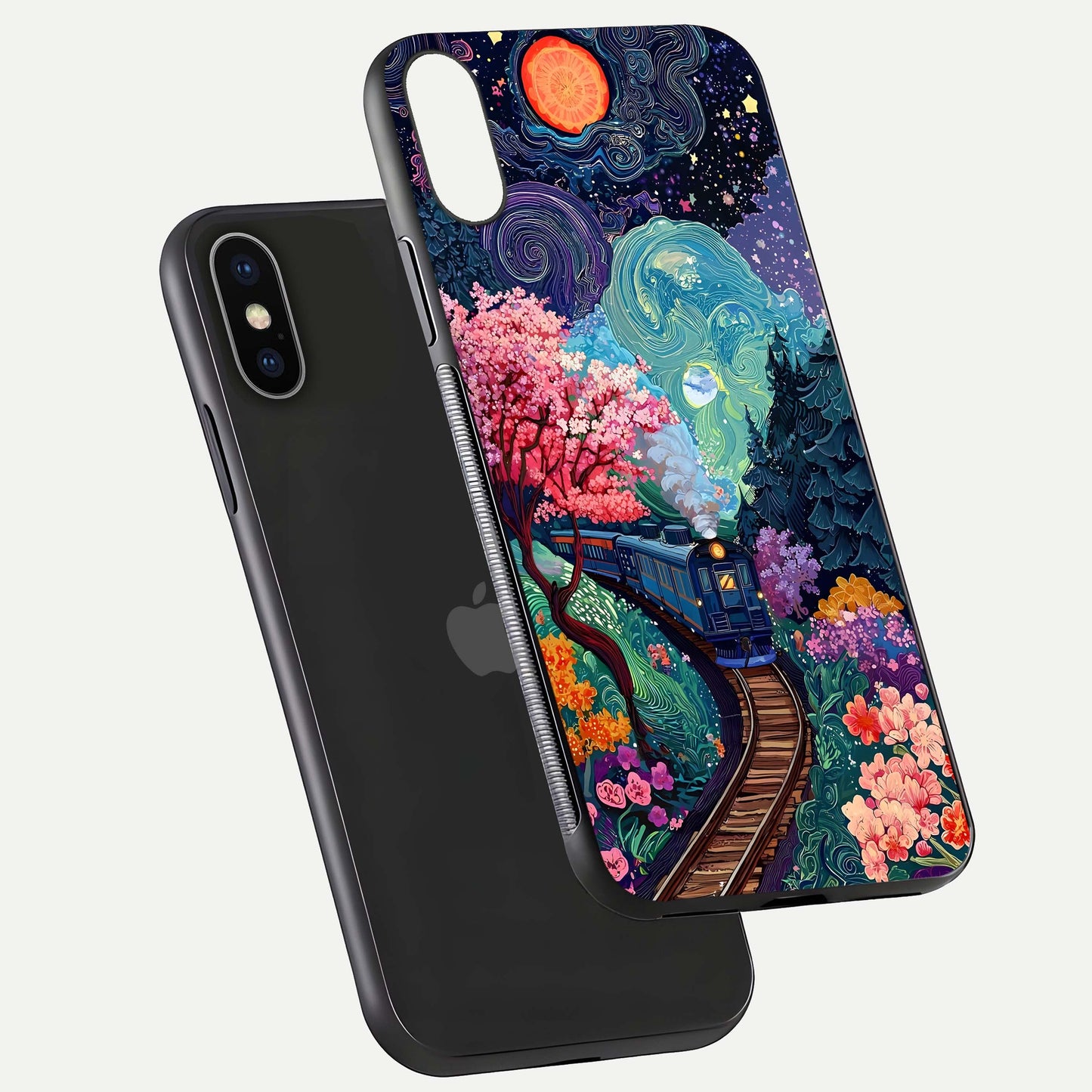Digital Art Glass Case for iPhone X floating mockup showing HD gloss and smooth reflection