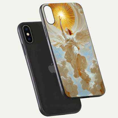 Divine Light Angel Glass Case for iPhone X floating mockup showing gloss texture and radiant light