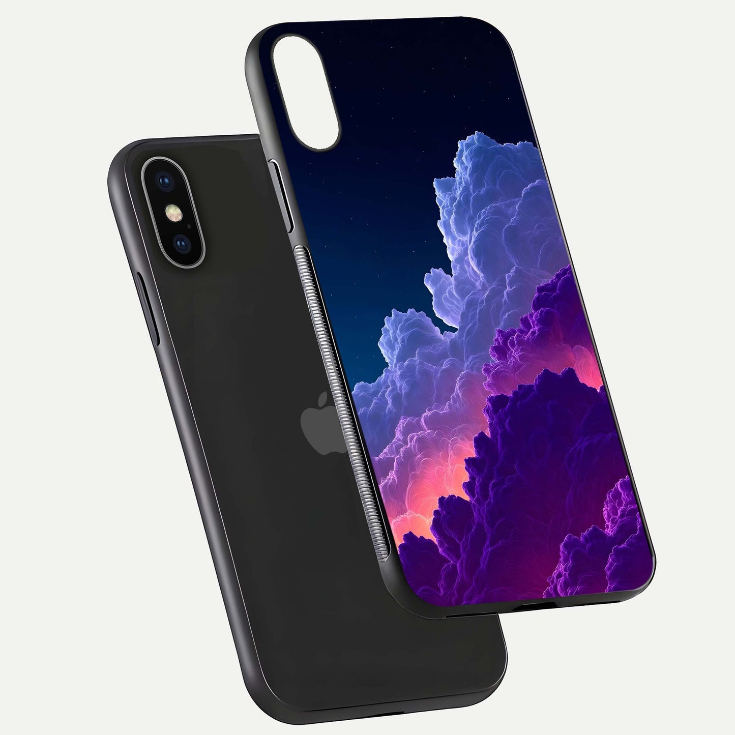 Dreamy Cloud Skies Glass Case for iPhone X floating mockup showing glossy depth and delicate tone