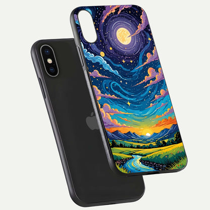 Dreamy Night Landscape Glass Case for iPhone X floating mockup showing glossy depth and serene color