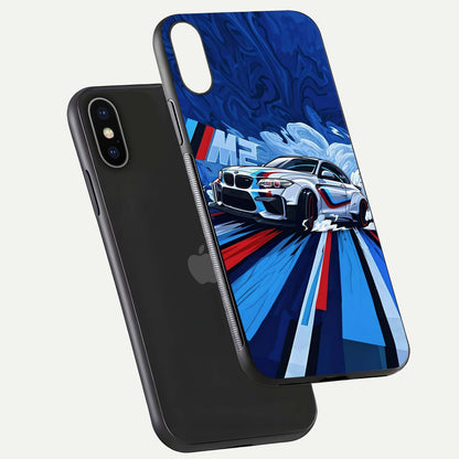 Drift Power Rush Glass Case for iPhone X floating mockup showing gloss polish and speed-theme design