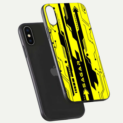 Electric Pulse CYBERPUNK Custom Name Glass Case for iPhone X floating mockup showing HD gloss and vibrant cyberpunk glow