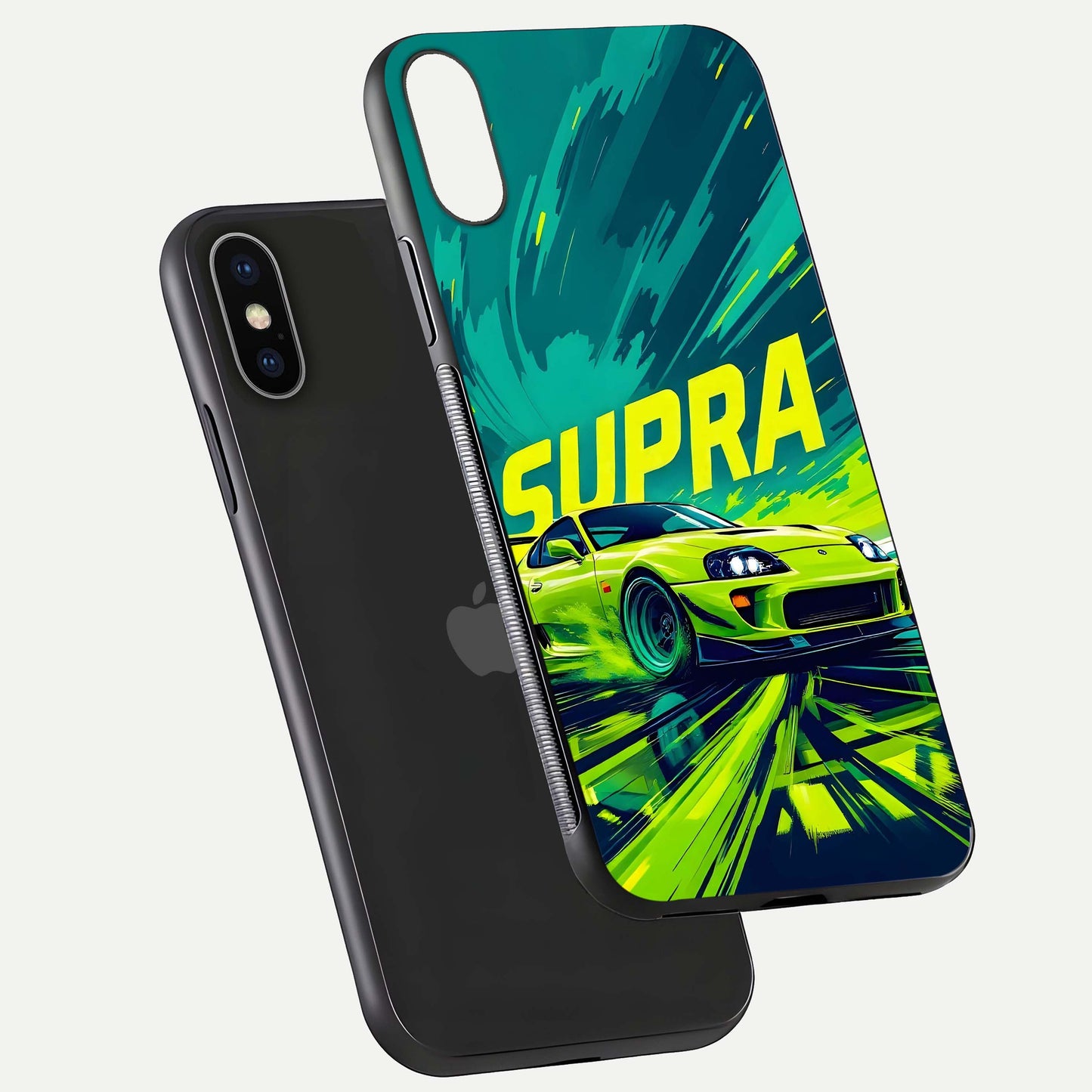 Electric Supra Thunder Glass Case for iPhone X floating mockup showing gloss depth and energy glow