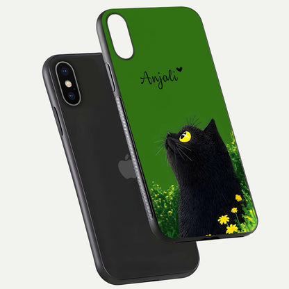 Emerald Cat Custom Name Glass Case for iPhone X floating mockup showing HD gloss and soft gradient