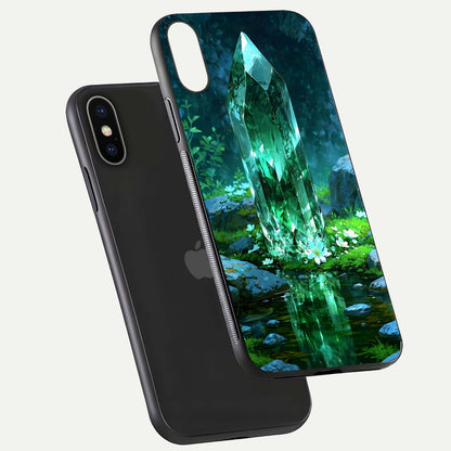 Emerald Light Crystal Glass Case for iPhone X floating mockup showing glossy finish and radiant light pattern