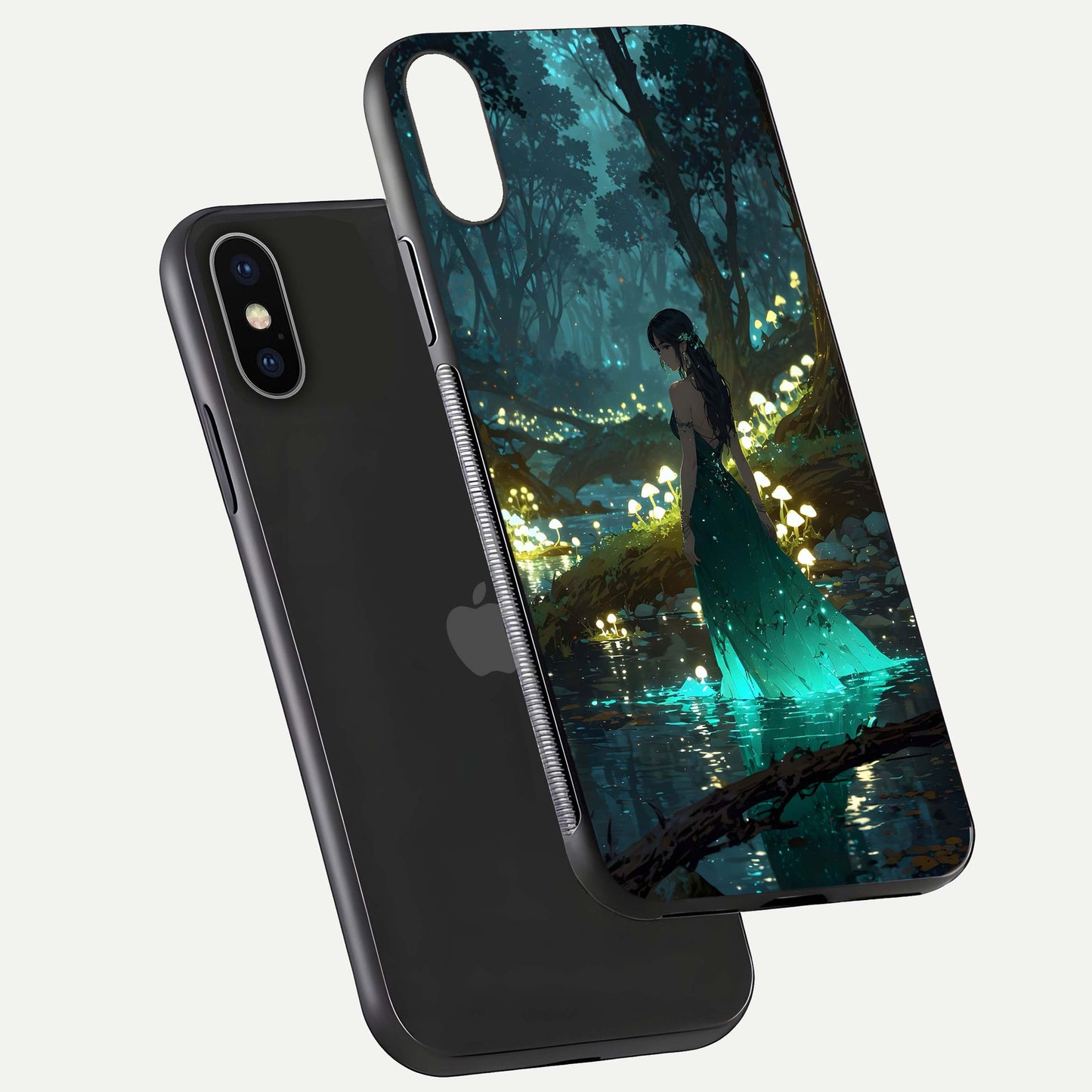 Enchanted Forest Glow Glass Case for iPhone X floating mockup showing gloss polish and fantasy vibe