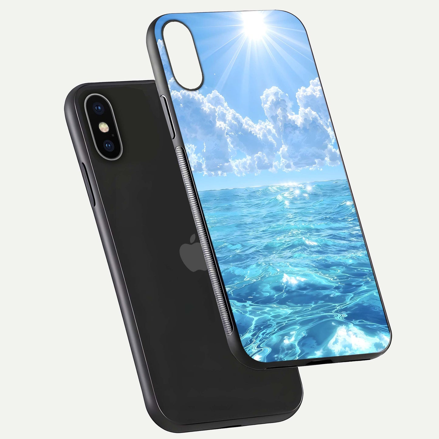 Endless Ocean Horizon Glass Case for iPhone X floating mockup showing HD gloss and tranquil color
