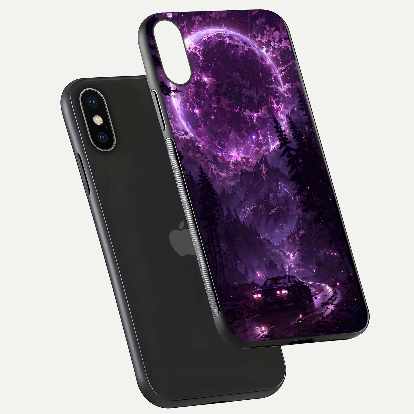 Eternal Cosmic Drive Glass Case for iPhone X floating mockup showing glossy polish and vivid glow