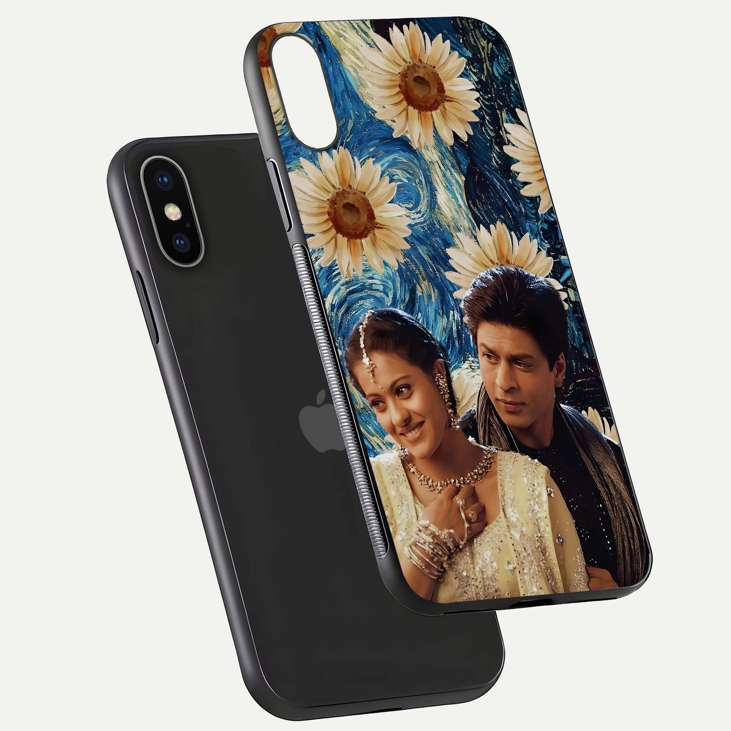 Eternal Love Story Glass Case for iPhone X floating mockup showing glossy shine and romantic tone